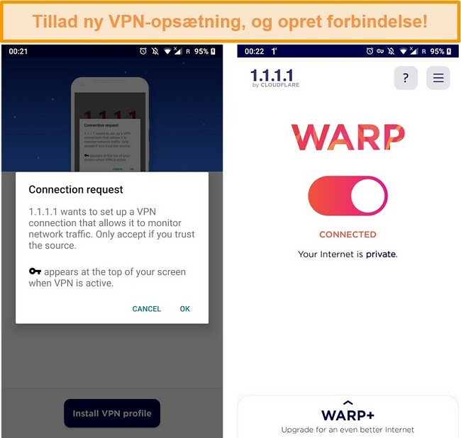 Skærmbillede af WARP VPN-konfigurationer til opsætning på en iPhone