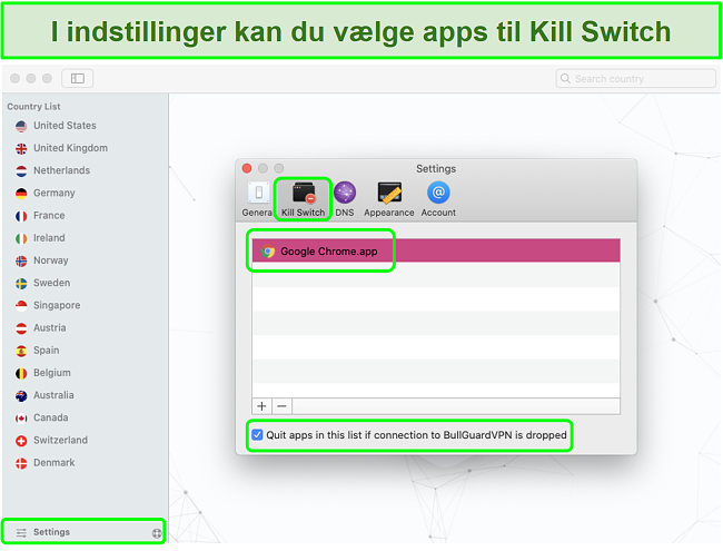Skærmbillede af BullGuard VPNs indstillingsmenu, der muliggør Kill Switch til Google Chrome