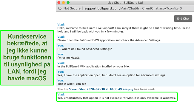 Skærmbillede af BullGuard VPNs kundeservice, der bekræfter Usynlighed på LAN, er kun tilgængelig på Windows