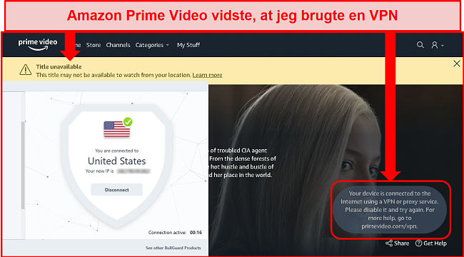 Skærmbillede af Amazon Prime Video utilgængelighed med BullGuard tilsluttet