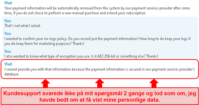 Skærmbillede af BullGuards support, der ikke svarer på mit spørgsmål om betalingsoplysninger og derefter giver mig det forkerte svar