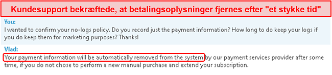 Skærmbillede af chat med kundesupport, der præciserer, at de gemmer betalingsoplysninger og fjerner dem efter 