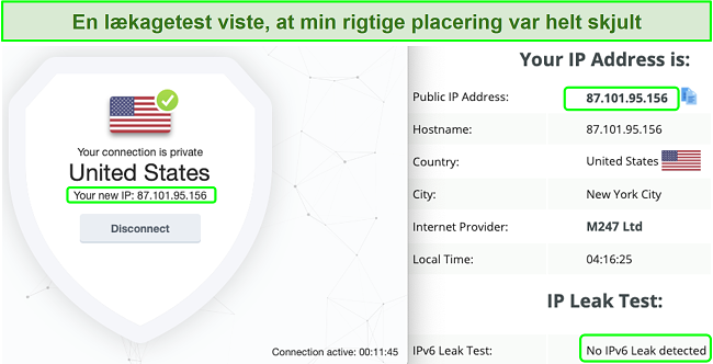 Skærmbillede af en amerikansk server på BullGuard for at forblive lækagefri efter test