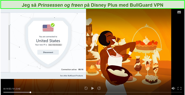 Skærmbillede af Prinsessen og frøen på Disney Plus med BullGuard tilsluttet