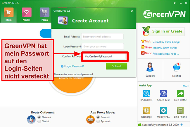 Screenshot of GreenVPN interface showing account creation and login screen