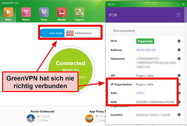 Screenshot der GreenVPN-Schnittstelle mit Serververbindungen und IP-Einstellungen