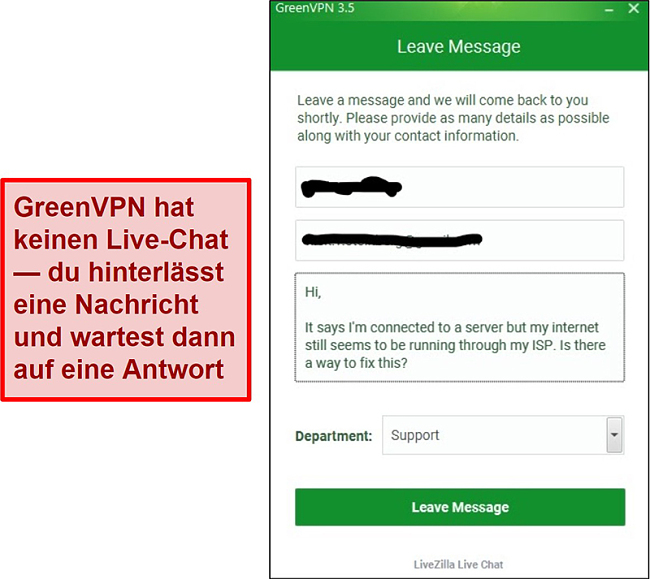 Screenshot of GreenVPN support screen