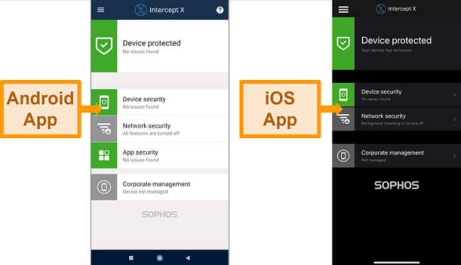 Screenshots zeigen den Unterschied zwischen den Android- und iOS-Oberflächen von Sophos.