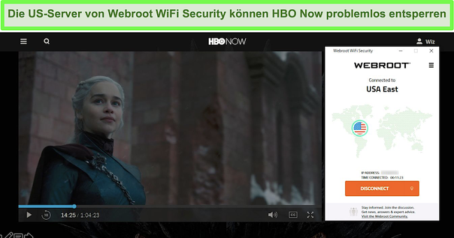 Screenshot von HBO Jetzt wird Game of Thrones gespielt, während eine Verbindung zu einem Server in den USA besteht