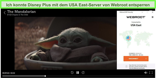 Screenshot von Dinsey Plus, der The Mandalorian spielt, während er mit einem Server in den USA verbunden ist