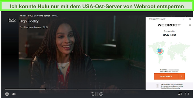 Hulu-Streaming mit hoher Wiedergabetreue, während eine Verbindung zum USA East-Server von Webroot besteht