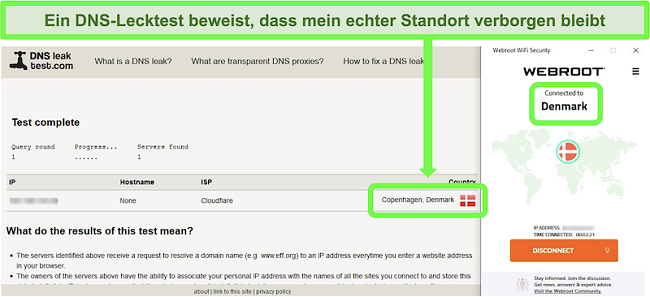 Screenshot eines erfolgreichen DNS-Lecktests, während Webroot WiFi Security mit einem Server in Dänemark verbunden ist