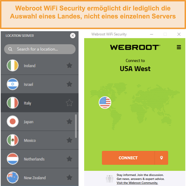 Screenshot des Servernetzwerkmenüs von Webroot WiFi Security