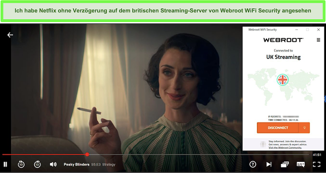 Screenshot des Netflix-Streamings von Peaky Blinders, während eine Verbindung zum UK Streaming-Server von Webroot WiFi Security besteht