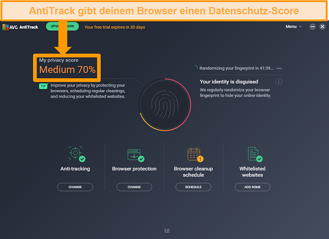 Screenshot der AVG AntiTrack-Datenschutzbewertung für den Webbrowser