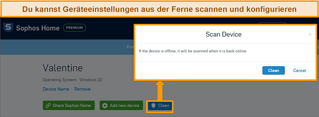 Screenshot des Sophos Antivirus-Dashboards mit hervorgehobenem Remote-Scan