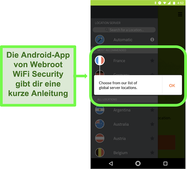 Screenshot der Android-App von Webroot WiFi Security mit einem Benutzer-Tutorial