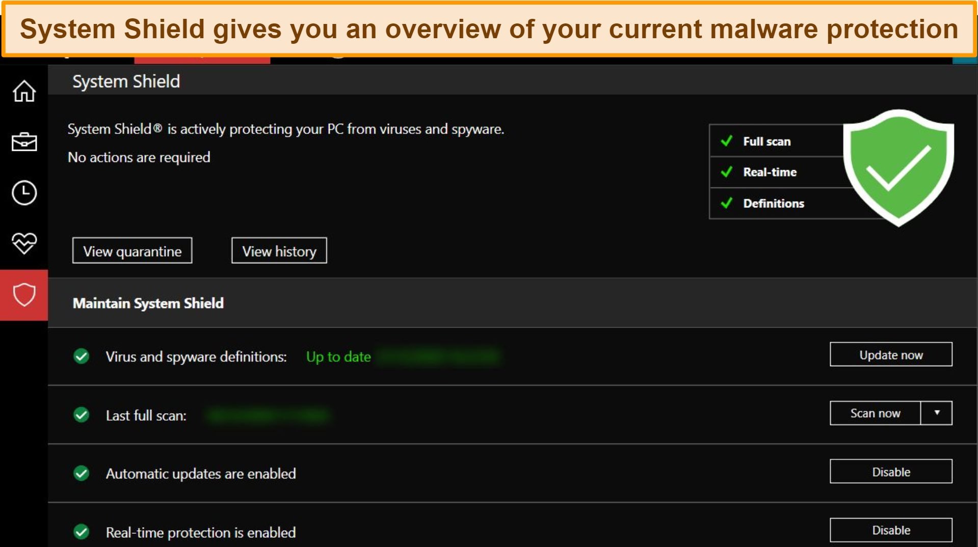 Screenshot of iolo's System Shield overview of current malware protection