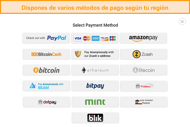 Captura de pantalla de los posibles métodos de pago al registrarse en PIA