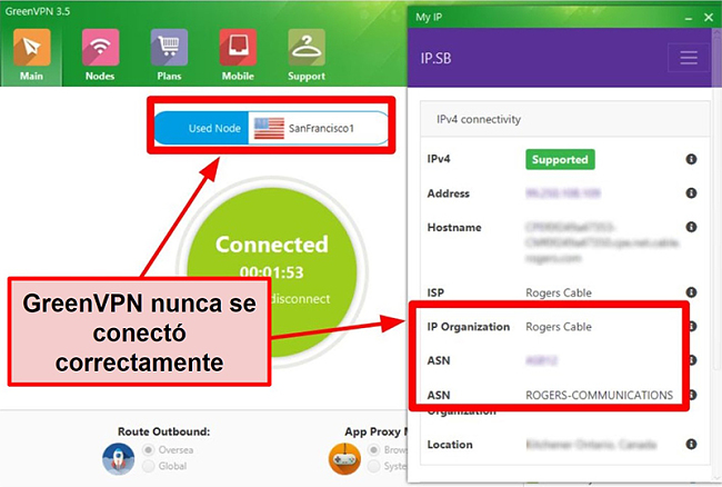 Captura de pantalla de la interfaz GreenVPN que muestra las conexiones del servidor y la configuración de IP