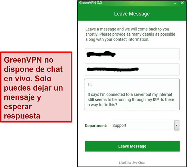 Screenshot of GreenVPN support screen