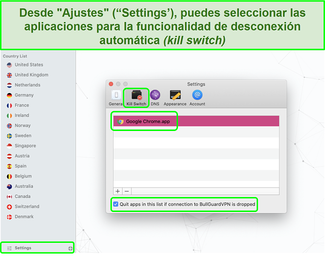 Captura de pantalla del menú de configuración de BullGuard VPN que habilita Kill Switch para Google Chrome