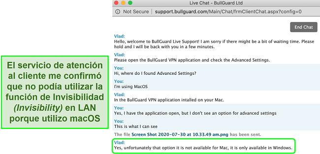 Captura de pantalla del servicio al cliente de BullGuard VPN que confirma que la invisibilidad en LAN solo está disponible en Windows