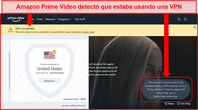 Captura de pantalla de la indisponibilidad de Amazon Prime Video con BullGuard conectado