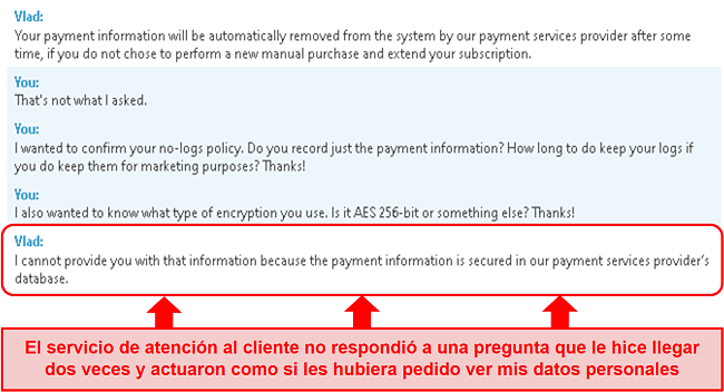 Captura de pantalla del soporte de BullGuard que no responde a mi pregunta sobre la información de pago y luego me da una respuesta incorrecta