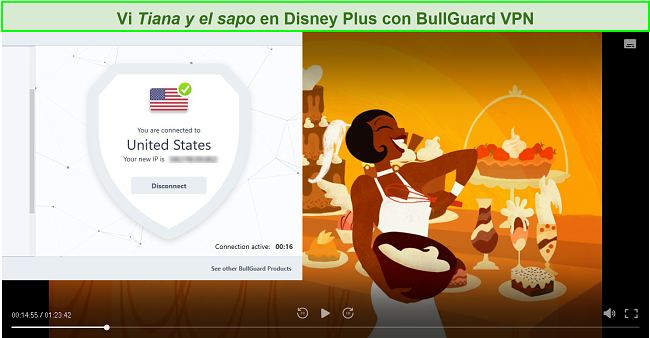 Captura de pantalla de La princesa y el sapo en Disney Plus con BullGuard conectado