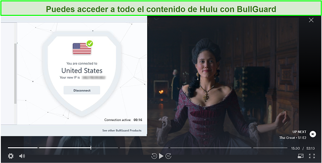 Captura de pantalla de The Great en Hulu con BullGuard conectado