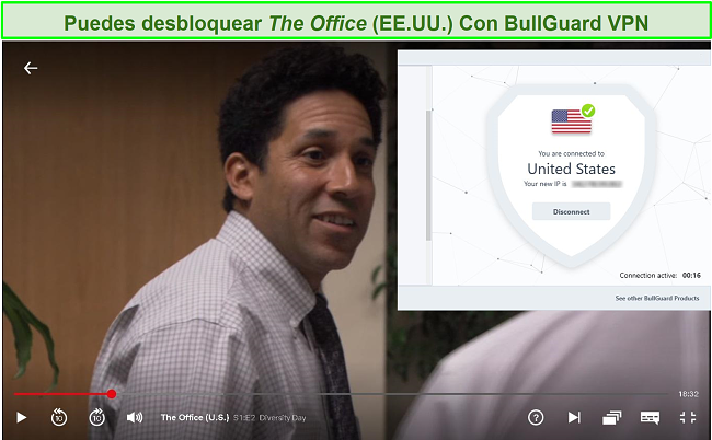 Captura de pantalla de The Office en Netflix con BullGuard conectado