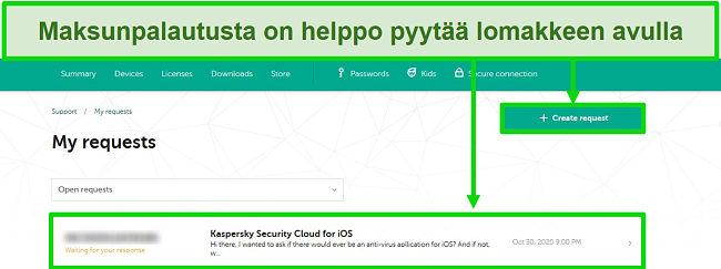 Screenshot of Kaspersky support requests on the Kaspersky website.