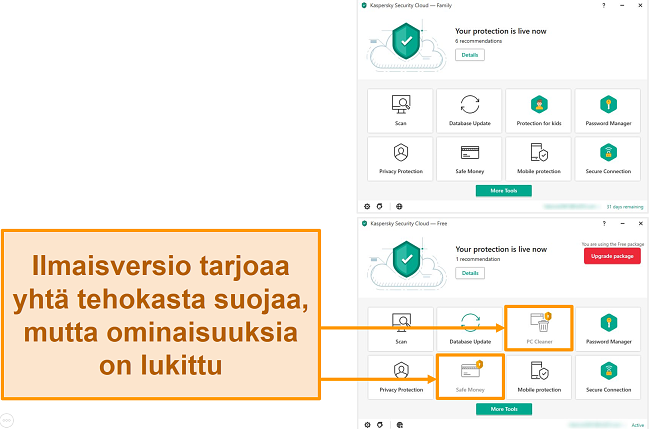 Näyttökuva Kaspersky Security Cloud Free -työpöydästä, joka näyttää lukitut ominaisuudet premium-versioon verrattuna.