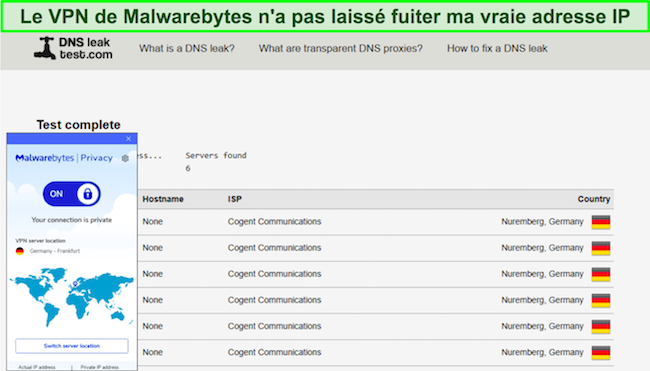 Capture d'écran de Malwarebytes Privacy VPN réussissant les tests de fuite DNS
