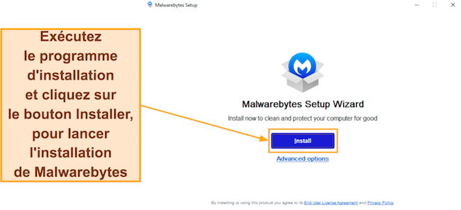 Capture d'écran montrant comment démarrer l'installation de Malwarebytes