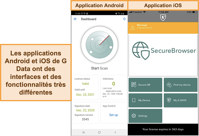 Capture d'écran des applications G Data Android et iOS