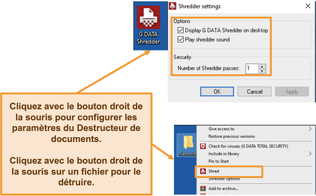 Capture d'écran des paramètres de G Data Shredder