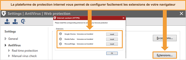 Capture d'écran des paramètres de l'extension de navigateur G Data