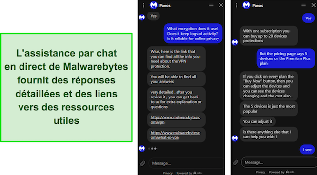 Capture d'écran d'une conversation avec l'assistance par chat en direct de Malwarebytes