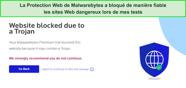 Capture d'écran de Malwarebytes bloquant un site Web dangereux grâce à sa protection Web