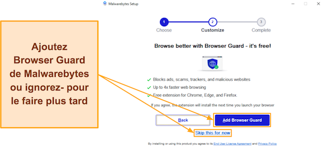 Capture d'écran montrant comment installer Browser Guard avec Malwarebytes