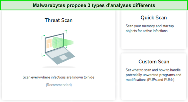 Capture d'écran montrant les analyses antivirus disponibles dans Malwarebytes