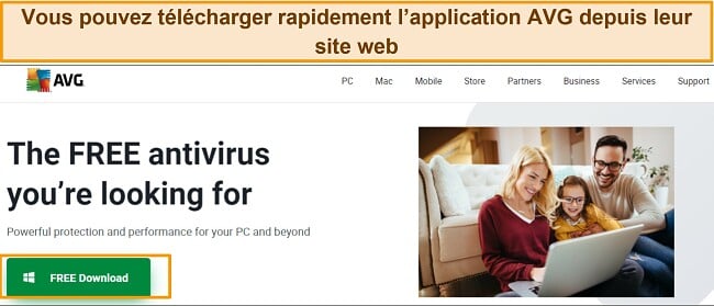 Capture d'écran de la page d'accueil d'AVG montrant le bouton de téléchargement