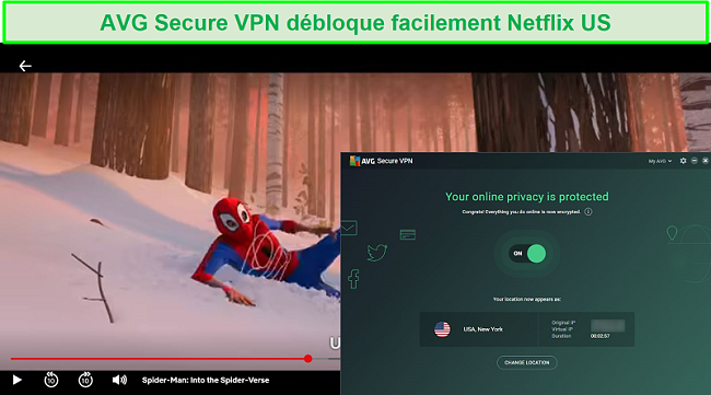 Capture d'écran d'AVG SecureVPN débloquant US Netflix