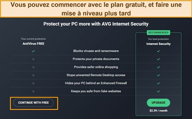 Capture d'écran montrant les forfaits AVG