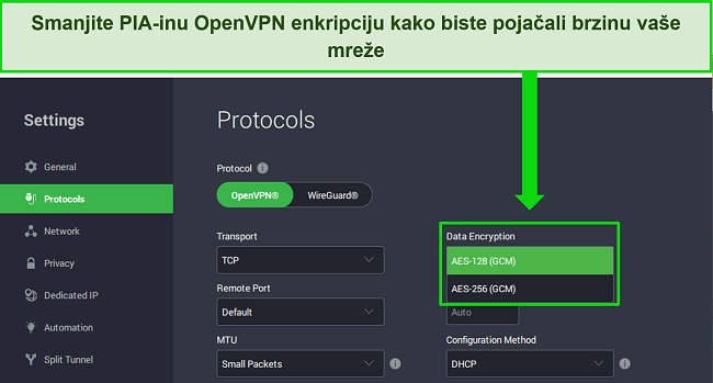 Slika PIA-ine Windows aplikacije, koja pokazuje kako prilagoditi razine enkripcije s OpenVPN protokolom