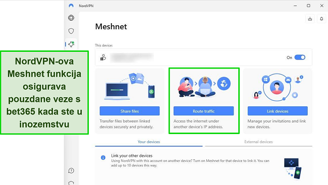 Slika značajke Meshnet NordVPN-a u sustavu Windows, s naglaskom na opciju usmjeravanja prometa preko druge IP adrese