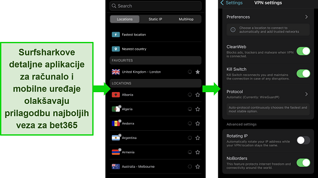Slike Surfsharkove iOS aplikacije, koje prikazuju detaljne izbornike poslužitelja i postavki