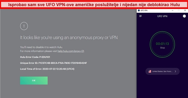 Hulu prikazuje pogrešku proxyja dok je povezan s poslužiteljem NLO VPN-a u San Franciscu